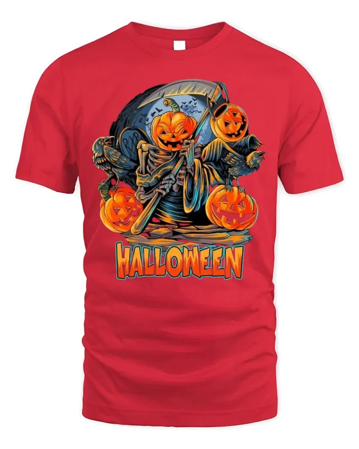 Pumpkin Reaper Halloween Scythe Graphic T-Shirt - red t-shirt on white background