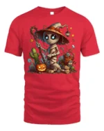Cute Mummy Witch Halloween Pumpkin Graphic T-Shirt - red t-shirt on white background