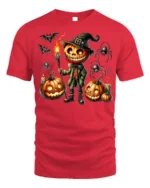 Pumpkin Head Halloween Witch Scarecrow T-Shirt - red t-shirt on white background
