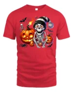 Skeleton Pumpkin Halloween Night Graphic T-Shirt - red t-shirt on white background