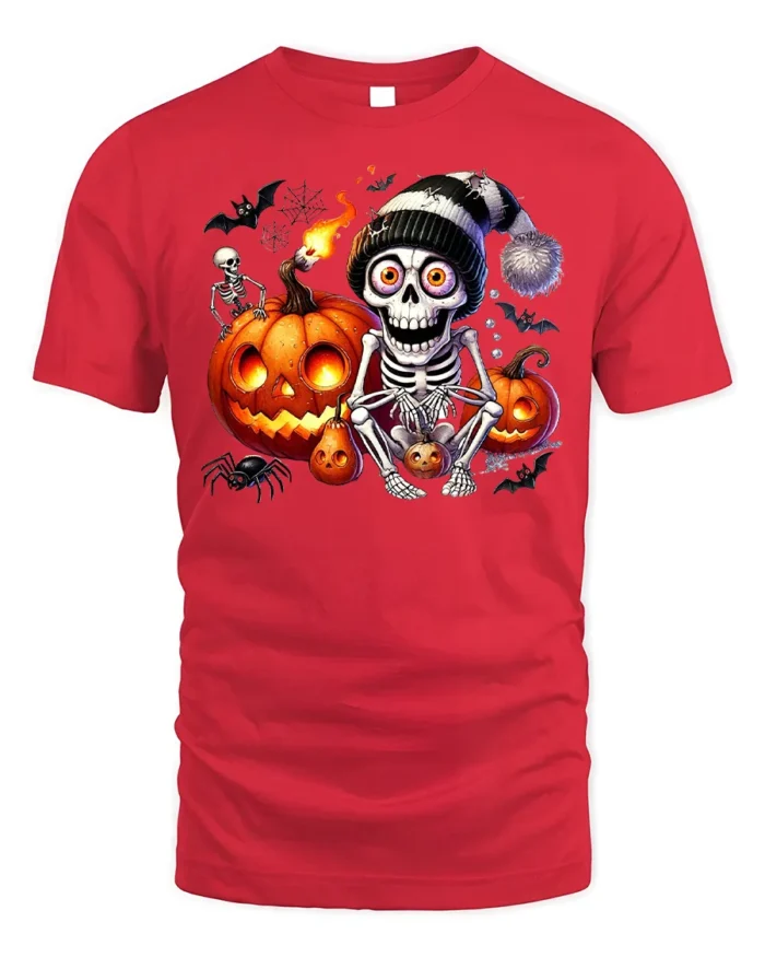 Skeleton Pumpkin Halloween Night Graphic T-Shirt - red t-shirt on white background