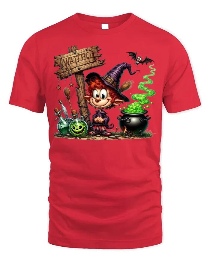 Cartoon Witch Halloween Cauldron Magic T-Shirt - red t-shirt on white background