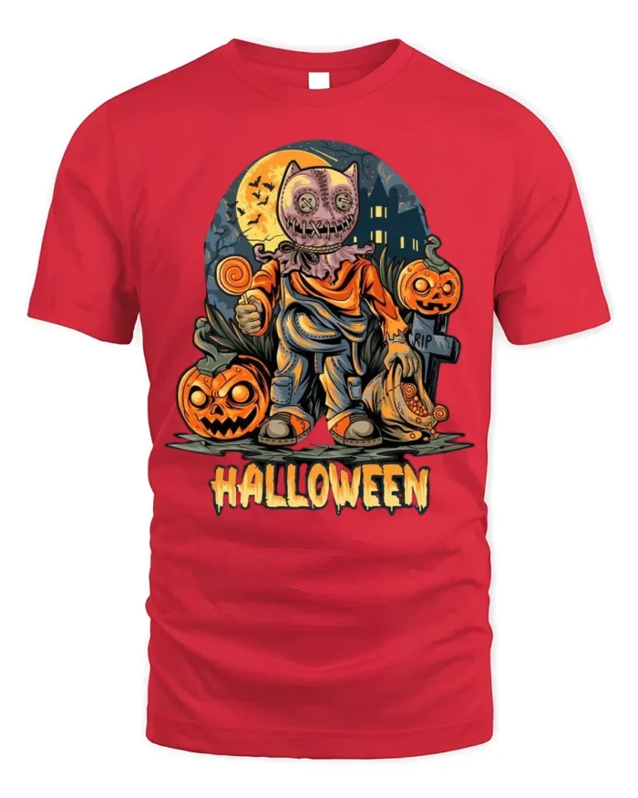 Scary Doll Mask Pumpkin Halloween Graphic T-Shirt - red t-shirt on white background