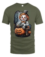 Scary Clown Halloween Pumpkin Graphic T-Shirt - military green t-shirt on white background
