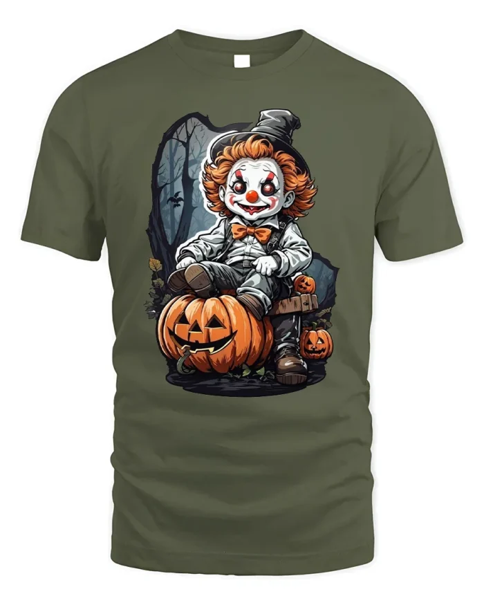 Scary Clown Halloween Pumpkin Graphic T-Shirt - military green t-shirt on white background