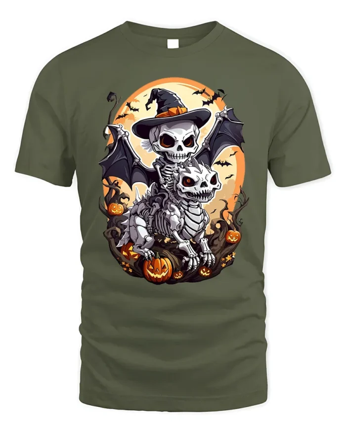 Skeleton Rider Halloween Dragon Pumpkin T-Shirt - military green t-shirt on white background