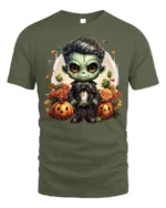 Cute Frankenstein Halloween Pumpkin Graphic T-Shirt - military green t-shirt on white background