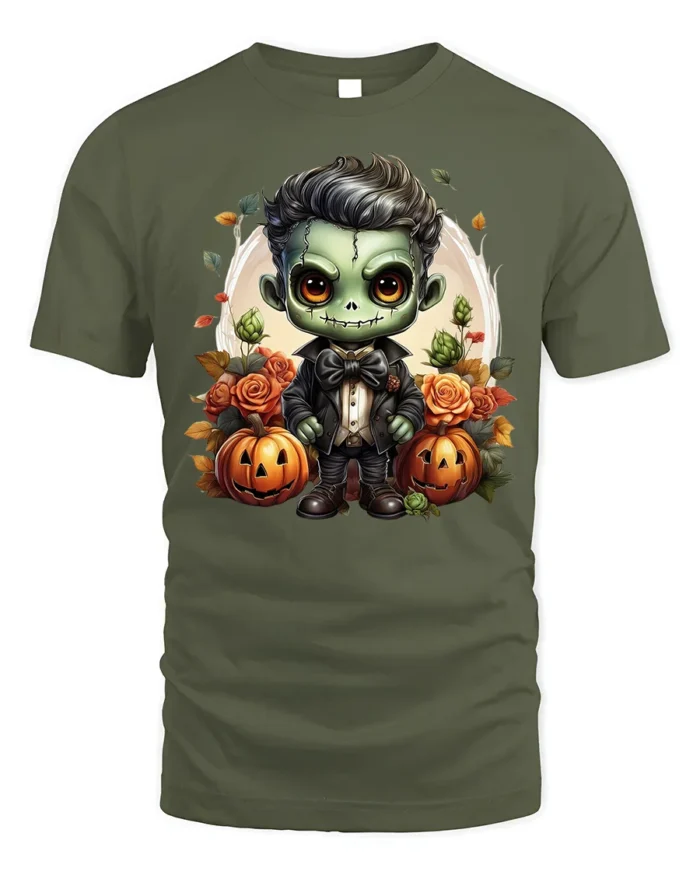 Cute Frankenstein Halloween Pumpkin Graphic T-Shirt - military green t-shirt on white background