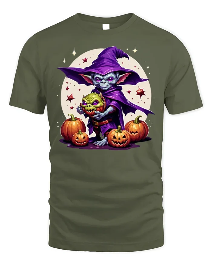 Goblin Wizard Halloween Pumpkin Graphic T-Shirt - military green t-shirt on white background