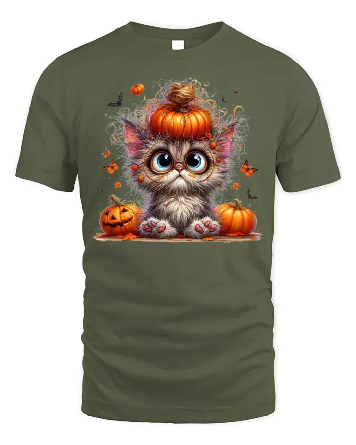 Cute Halloween Kitten Pumpkin Graphic T-Shirt - military green t-shirt on white background