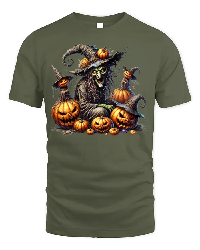 Evil Witch Pumpkin Halloween Scary Graphic T-Shirt - military green t-shirt on white background