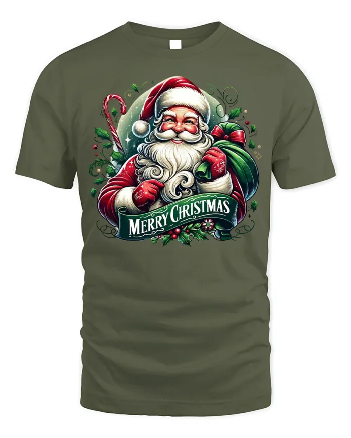 Classic Santa Merry Christmas Holiday T-Shirt - military green t-shirt on white background