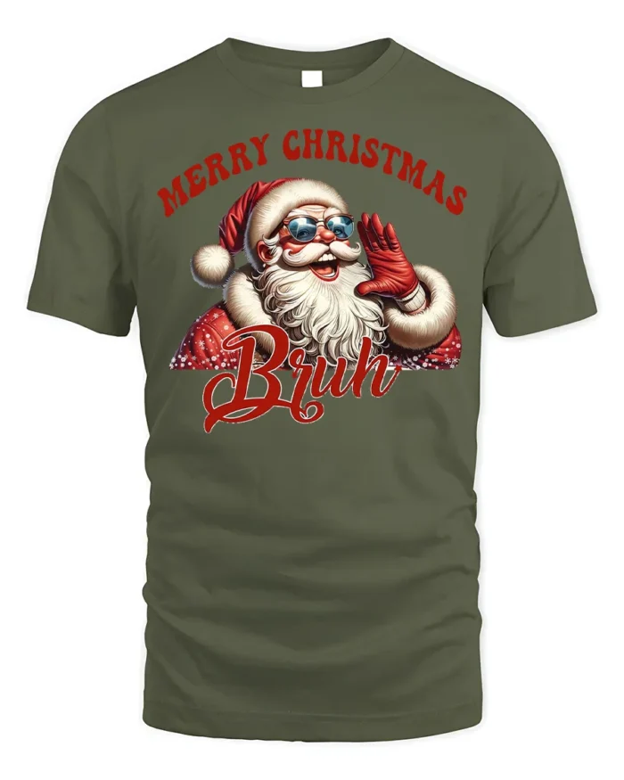 Funny Santa Merry Christmas Bruh Graphic T-Shirt - military green t-shirt on white background