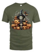 Witch Pumpkin Pile Halloween Skeleton T-Shirt - military green t-shirt on white background
