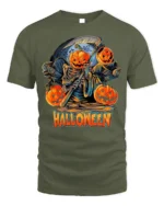 Pumpkin Reaper Halloween Scythe Graphic T-Shirt - military green t-shirt on white background