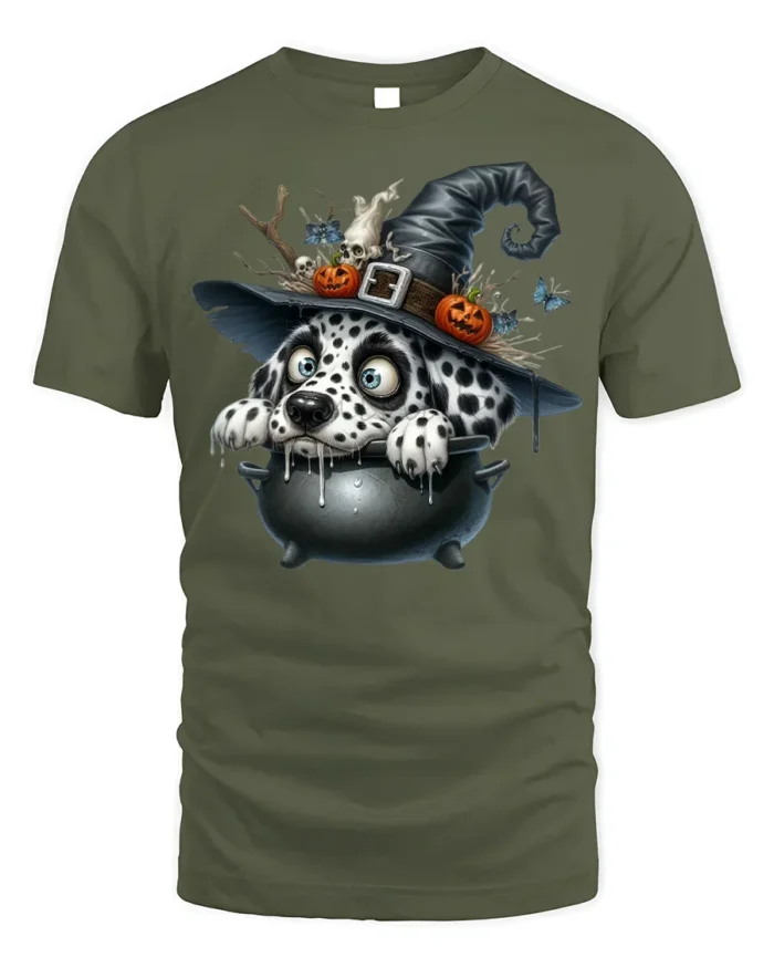Dalmatian Witch Cauldron Halloween Graphic T-Shirt - military green t-shirt on white background