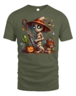Cute Mummy Witch Halloween Pumpkin Graphic T-Shirt - military green t-shirt on white background