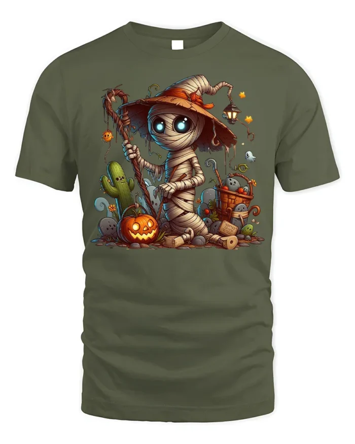Cute Mummy Witch Halloween Pumpkin Graphic T-Shirt - military green t-shirt on white background
