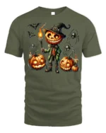 Pumpkin Head Halloween Witch Scarecrow T-Shirt - military green t-shirt on white background