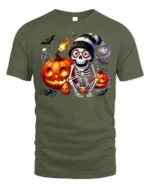 Skeleton Pumpkin Halloween Night Graphic T-Shirt - military green t-shirt on white background