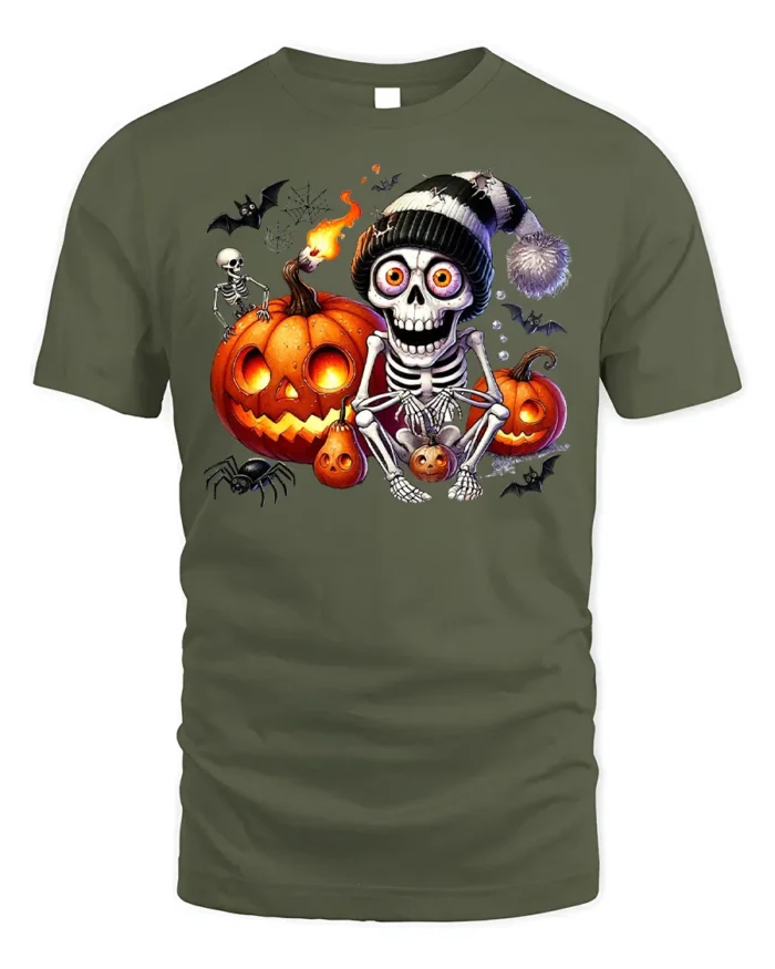 Skeleton Pumpkin Halloween Night Graphic T-Shirt - military green t-shirt on white background