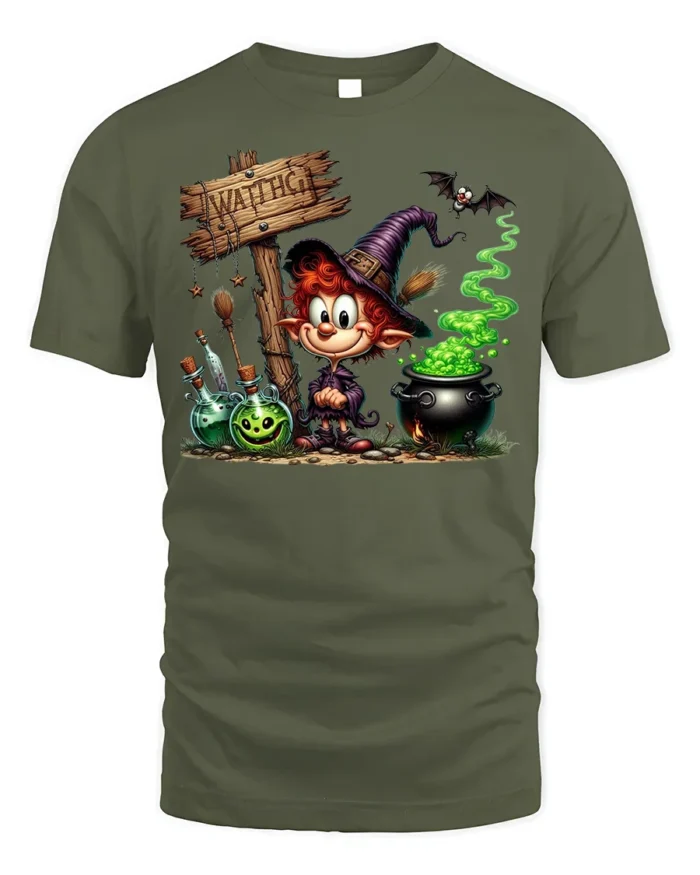 Cartoon Witch Halloween Cauldron Magic T-Shirt - military green t-shirt on white background