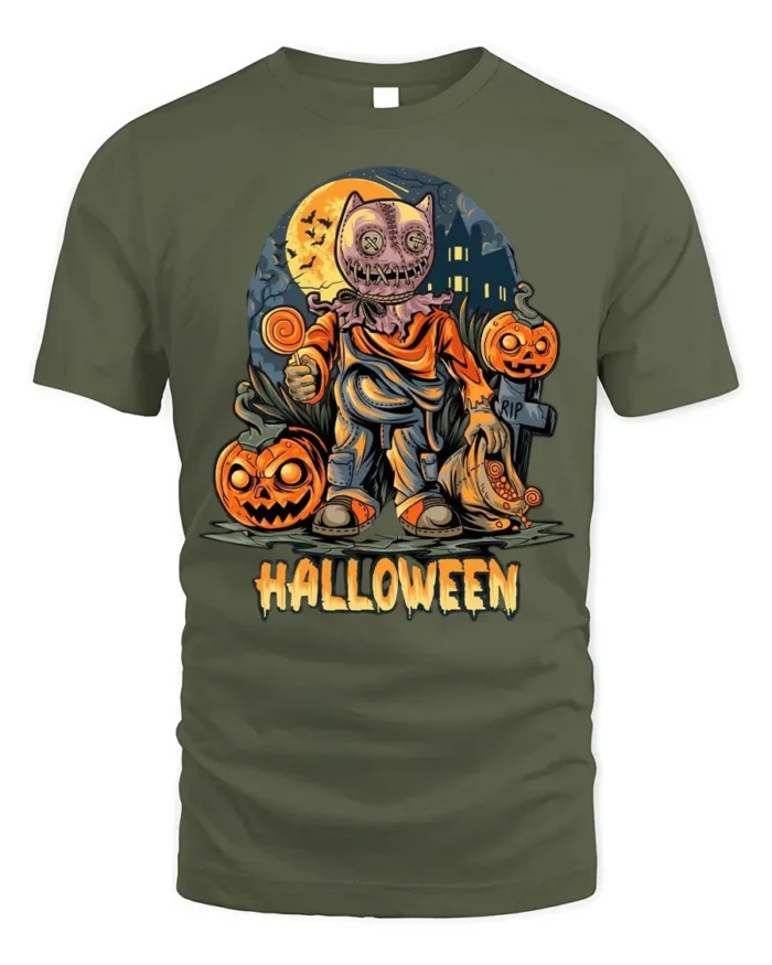 Scary Doll Mask Pumpkin Halloween Graphic T-Shirt - military green t-shirt on white background
