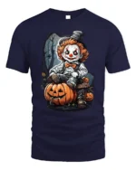 Scary Clown Halloween Pumpkin Graphic T-Shirt - navy t-shirt on white background