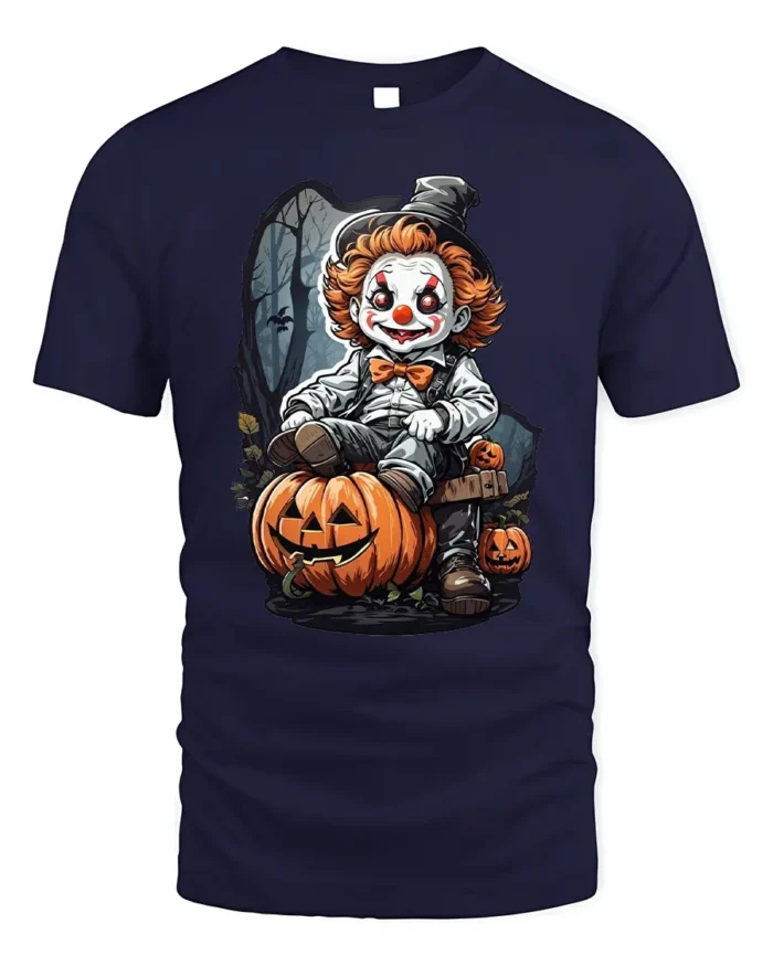 Scary Clown Halloween Pumpkin Graphic T-Shirt - navy t-shirt on white background