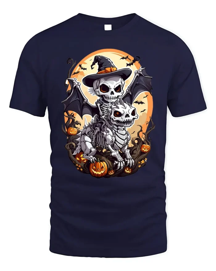 Skeleton Rider Halloween Dragon Pumpkin T-Shirt - navy t-shirt on white background