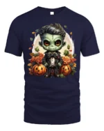Cute Frankenstein Halloween Pumpkin Graphic T-Shirt - navy t-shirt on white background