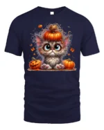 Cute Halloween Kitten Pumpkin Graphic T-Shirt - navy t-shirt on white background
