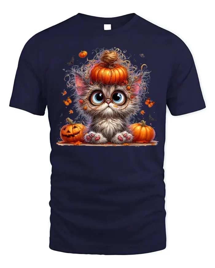 Cute Halloween Kitten Pumpkin Graphic T-Shirt - navy t-shirt on white background