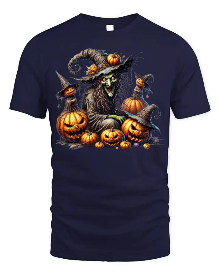 Evil Witch Pumpkin Halloween Scary Graphic T-Shirt - navy t-shirt on white background