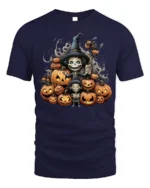 Witch Pumpkin Pile Halloween Skeleton T-Shirt - navy t-shirt on white background