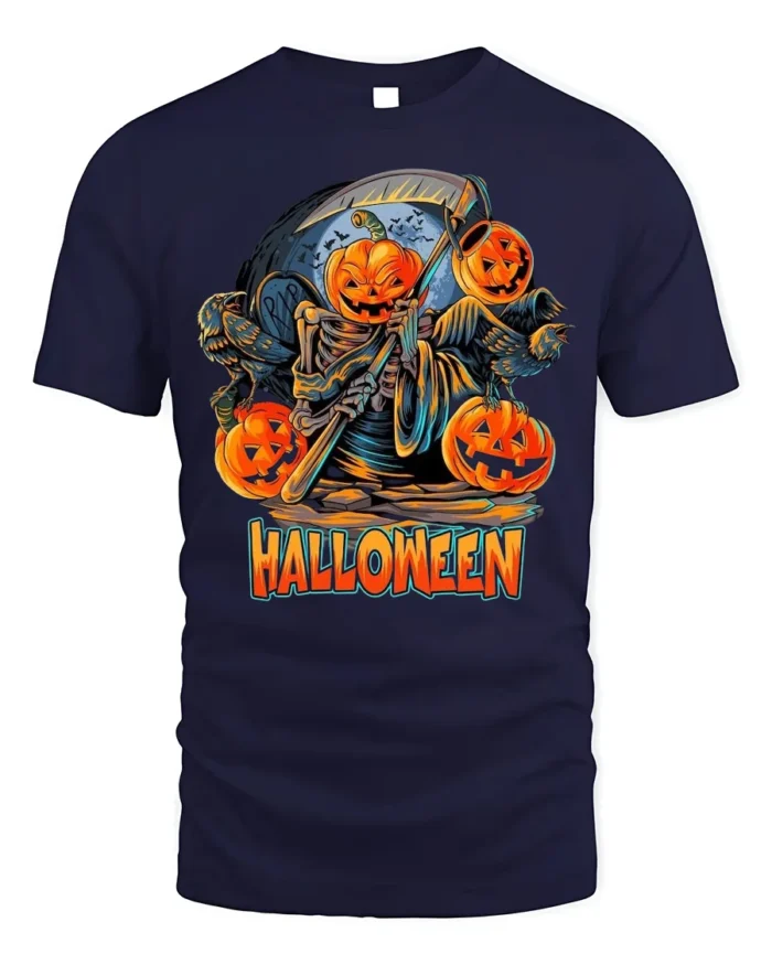 Pumpkin Reaper Halloween Scythe Graphic T-Shirt - navy t-shirt on white background