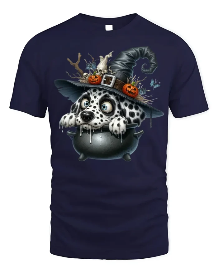 Dalmatian Witch Cauldron Halloween Graphic T-Shirt - navy t-shirt on white background