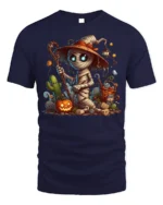 Cute Mummy Witch Halloween Pumpkin Graphic T-Shirt - navy t-shirt on white background