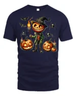 Pumpkin Head Halloween Witch Scarecrow T-Shirt - navy t-shirt on white background