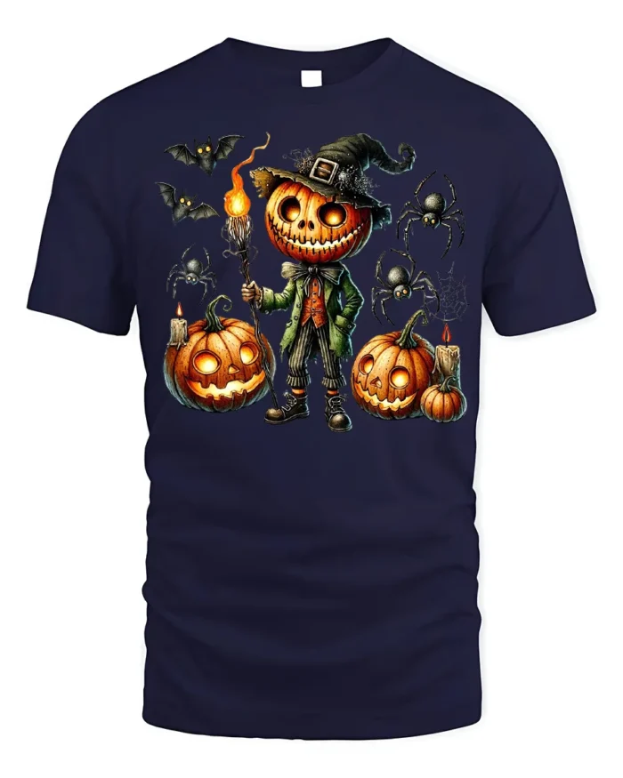 Pumpkin Head Halloween Witch Scarecrow T-Shirt - navy t-shirt on white background