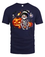 Skeleton Pumpkin Halloween Night Graphic T-Shirt - navy t-shirt on white background