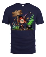 Cartoon Witch Halloween Cauldron Magic T-Shirt - navy t-shirt on white background