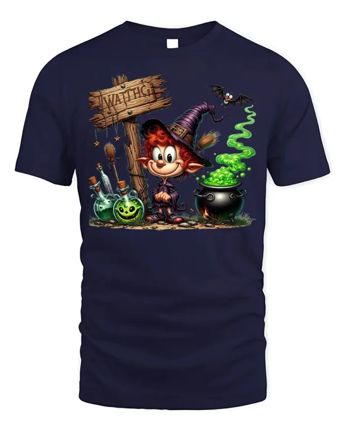 Cartoon Witch Halloween Cauldron Magic T-Shirt - navy t-shirt on white background