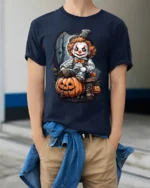 Scary Clown Halloween Pumpkin Graphic T-Shirt - model wearing navy shirt, hands in pockets