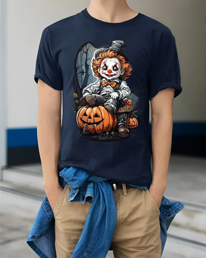 Scary Clown Halloween Pumpkin Graphic T-Shirt - model wearing navy shirt, hands in pockets