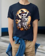 Skeleton Rider Halloween Dragon Pumpkin T-Shirt - model wearing navy shirt, hands in pockets