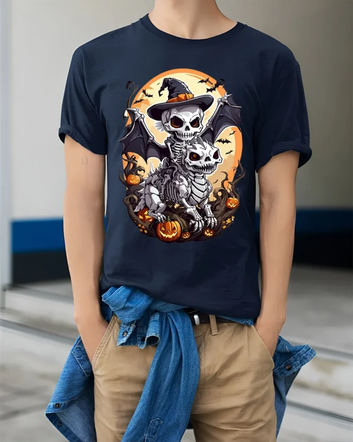 Skeleton Rider Halloween Dragon Pumpkin T-Shirt - model wearing navy shirt, hands in pockets