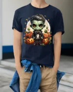 Cute Frankenstein Halloween Pumpkin Graphic T-Shirt - model wearing navy shirt, hands in pockets