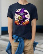 Goblin Wizard Halloween Pumpkin Graphic T-Shirt - model wearing navy shirt, hands in pockets