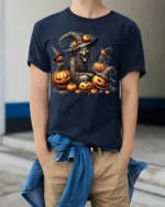 Evil Witch Pumpkin Halloween Scary Graphic T-Shirt - model wearing navy shirt, hands in pockets